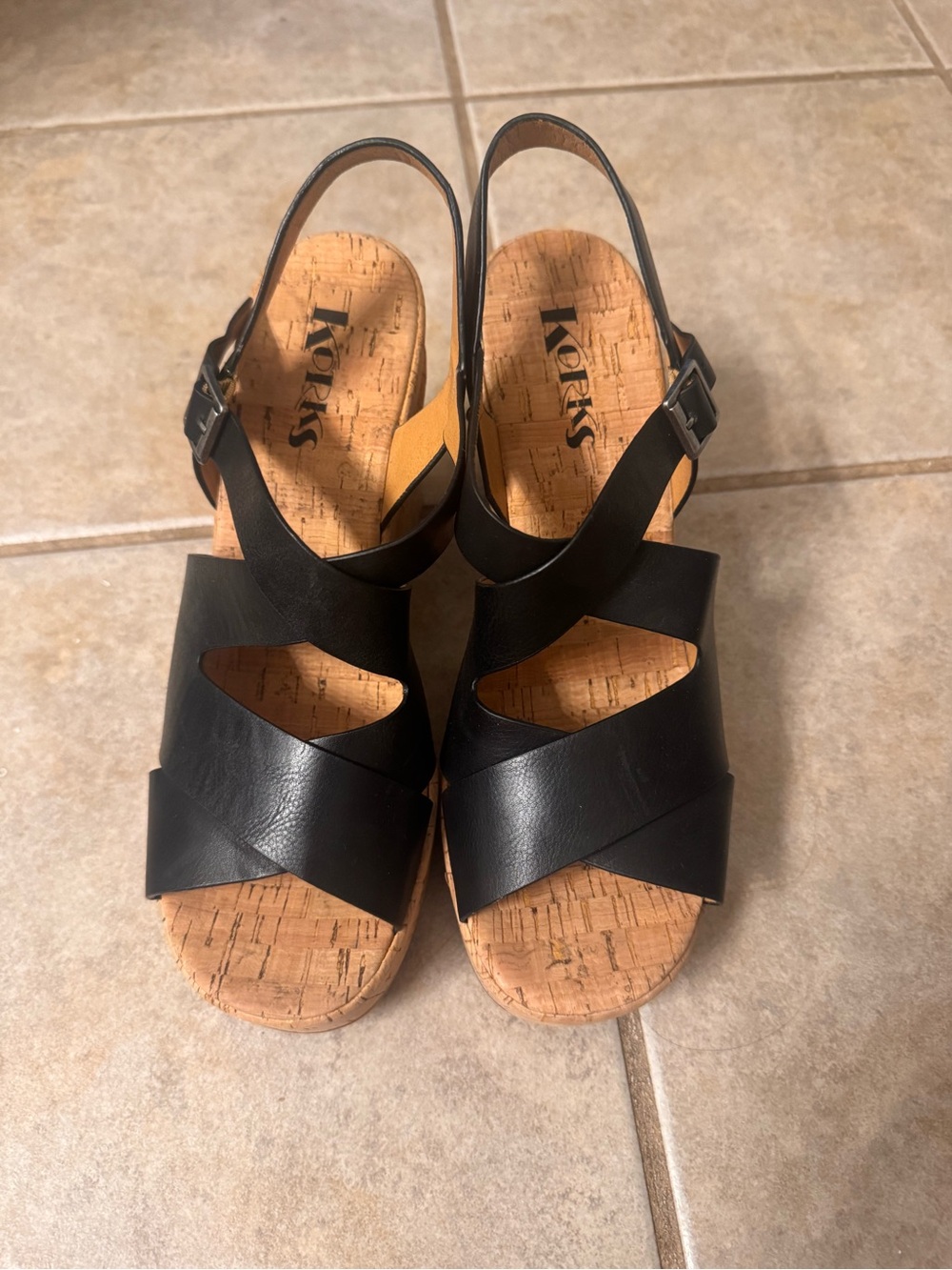 Kork-Ease Black Leather Cork Wedge Sandals - Picture 1 of 3
